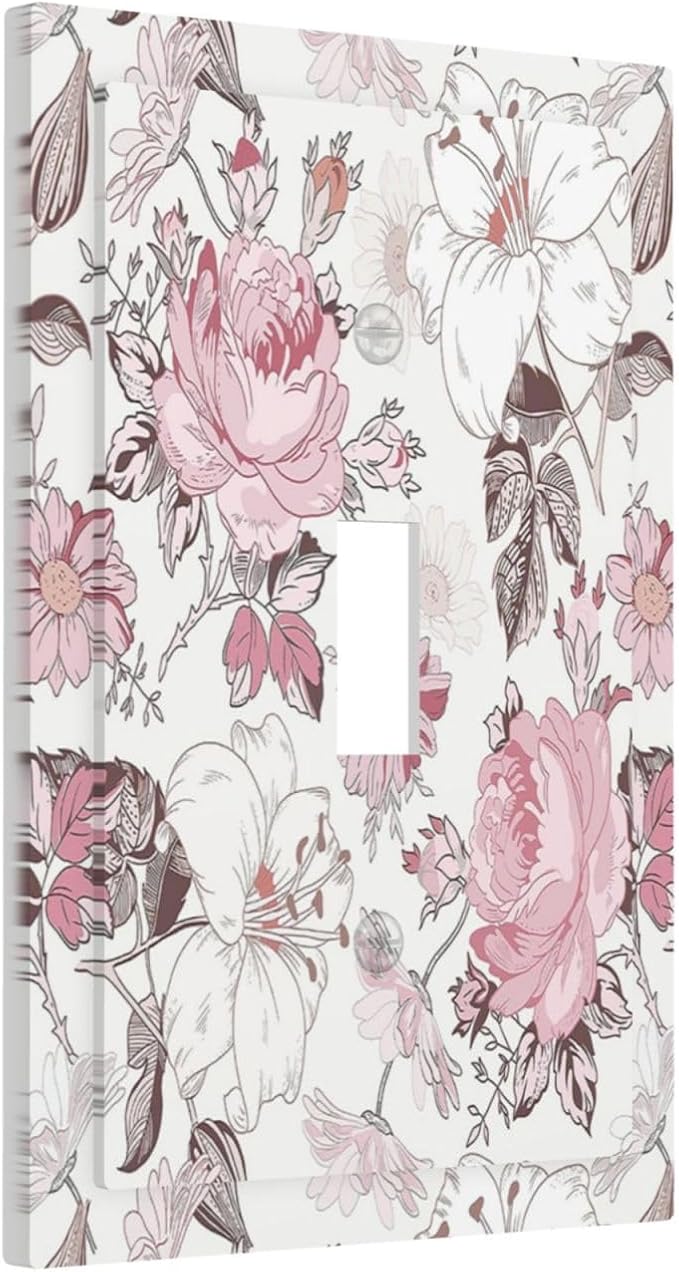 Decorative Light Switch Cover Modern Watercolor Flower Pink White Wildflower 1 Gang Single Toggle Decorator Outlet Wall Plate Device Electrical Faceplate Switchplates for Bedroom Home Decor