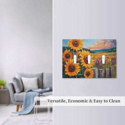 Decorative Light Switch Cover Plate Rustic Wilderness Sunflower Lavender Muzha Oil Painting 3 Gang Wall Plate Oversized Triple Toggle Switch Cover Plate Jumbo Faceplate