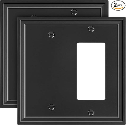 2-Pack Combo Blank/Decorator Light Switch Cover Plate, Black Modern Decorative Electrical Outlet Covers, Bamboo Fiber Wall Switch Plates and Outlet Covers