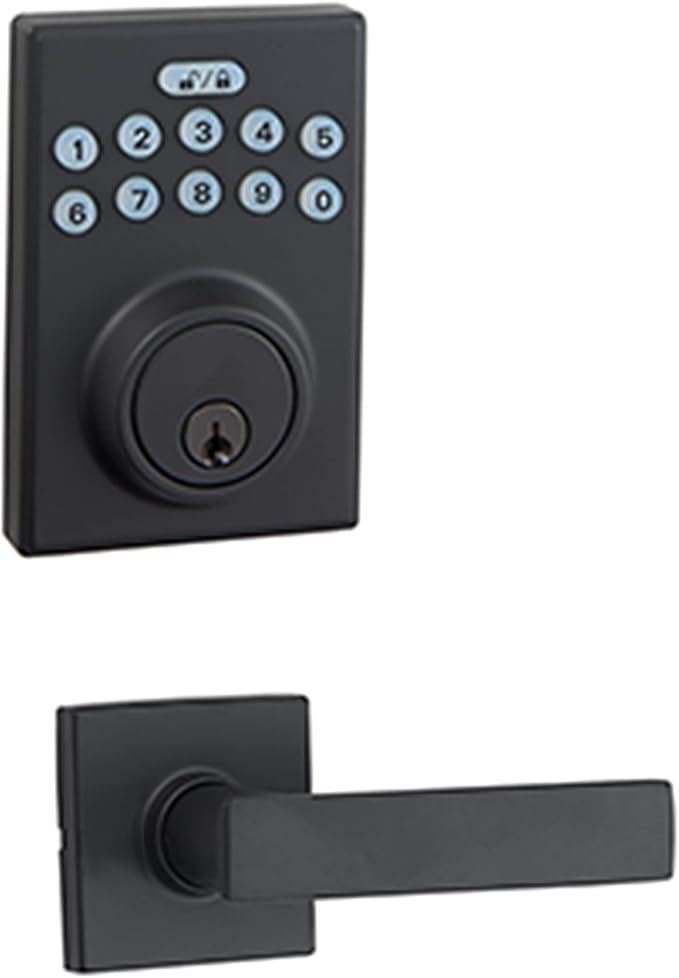 Amazon Basics Contemporary Electronic Keypad, Keyless Entry Door Lock Deadbolt with Handle Set, Key Pad Front Door with Knob, Contemporary Door Locks for Front Door, Door Handle, Matte Black, 1-Pack