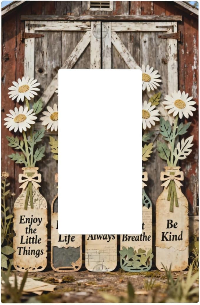 Rustic Daisy Barn Door Flowers 1 Gang Single Rocker Decorative Light Switch Covers Electrical Faceplate Switch Plates for Bathroom Kitchen Home