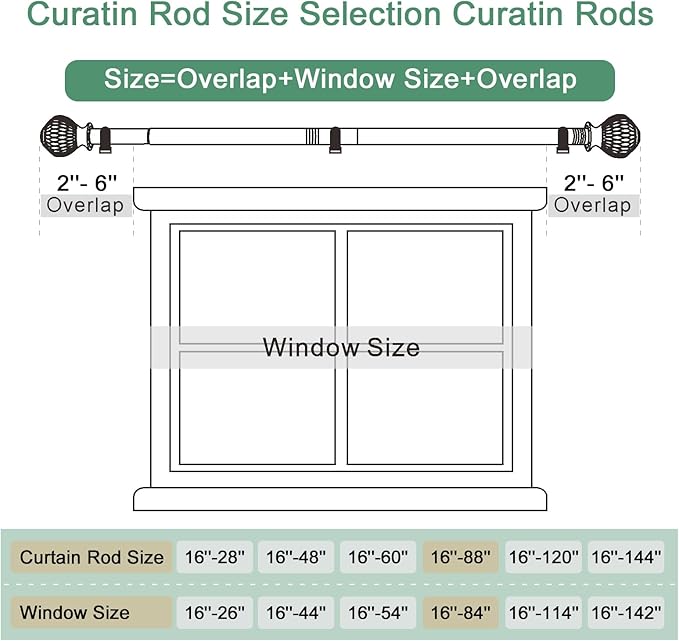 Curtain Rods for Windows 16 to 88 Inches Adjustable Length 1 Inch Diameter Window Curtain Rod with Wood Grain Leaf Pattern Finials,for Heavy Duty Curtains Rods