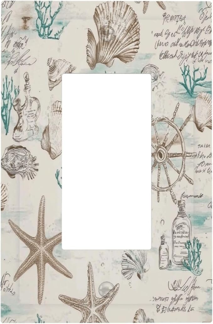 Mid Century Seashells Starfish Compass Decorative Outlet Covers 1 Gang Single Rocker Light Switch Cover Plate Wall Plates Gfci Faceplate For Nursery Kids Room Decor