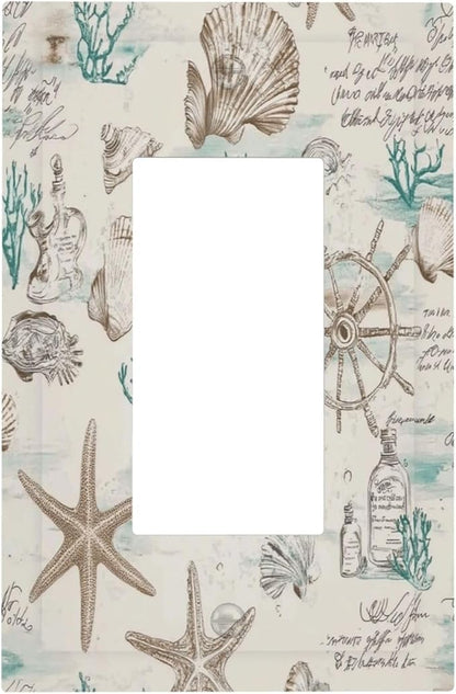 Mid Century Seashells Starfish Compass Decorative Outlet Covers 1 Gang Single Rocker Light Switch Cover Plate Wall Plates Gfci Faceplate For Nursery Kids Room Decor