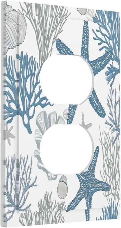 Blue Starfish Nautical Beach Conch Coastal Coral Shell Outlet Covers 1 Gang Duplex Light Switch Cover Decorative Switch Plates Electrical Receptacle Faceplate Wall Plate For Kids Room Bathroom Decor