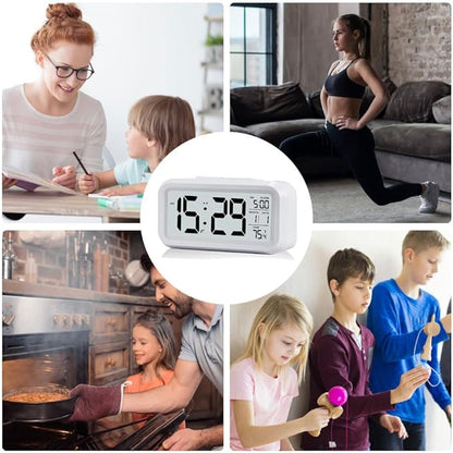Digital Alarm Clock with LCD Display, Desk Smart Electronic Small Clock with Indoor Temperature, Date, Light Sensor, Backlight, Battery Operated, for Home Bedroom Kids Office (White)