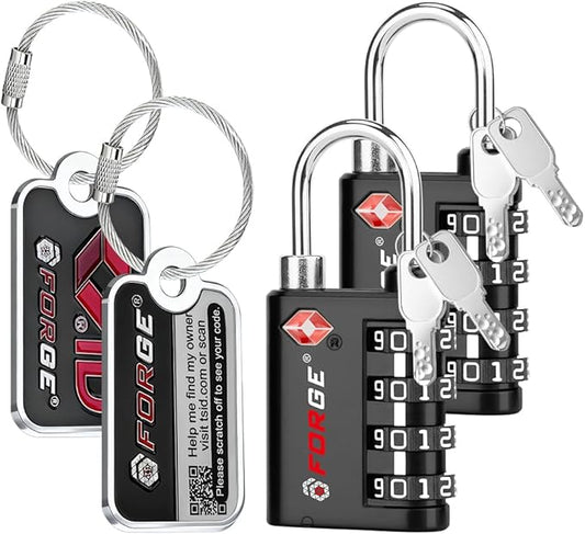 Forge Dual-Opening: Key or Combination Lock, TSA Approved Lock for Luggage, Pelican case, Travel, Gym, School, Luggage Combination Lock, Travel Bag Lock (Black 2 Locks and 2 ID)