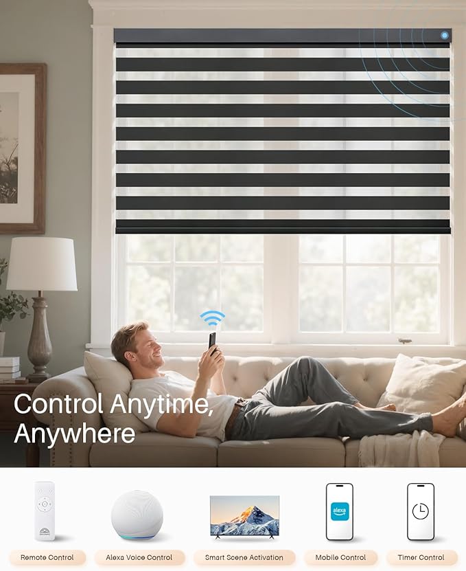 Smart Zebra Blinds for Windows, Alexa Motorized Blinds with Remote Control, Automatic Electric Power Zebra Shades for Indoor Windows (34" W x 72" H, Black)
