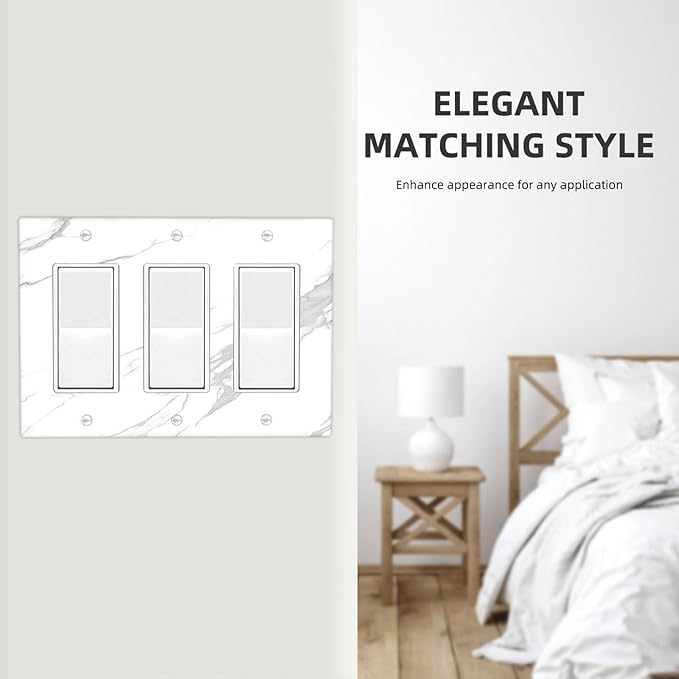 Light Switch Covers Modern White Gray Marble 3 Gang Rocker Electrical GFCI Decorative Triple Outlet Wall Plate Cover Switchplate for living Room Bathroom Decor