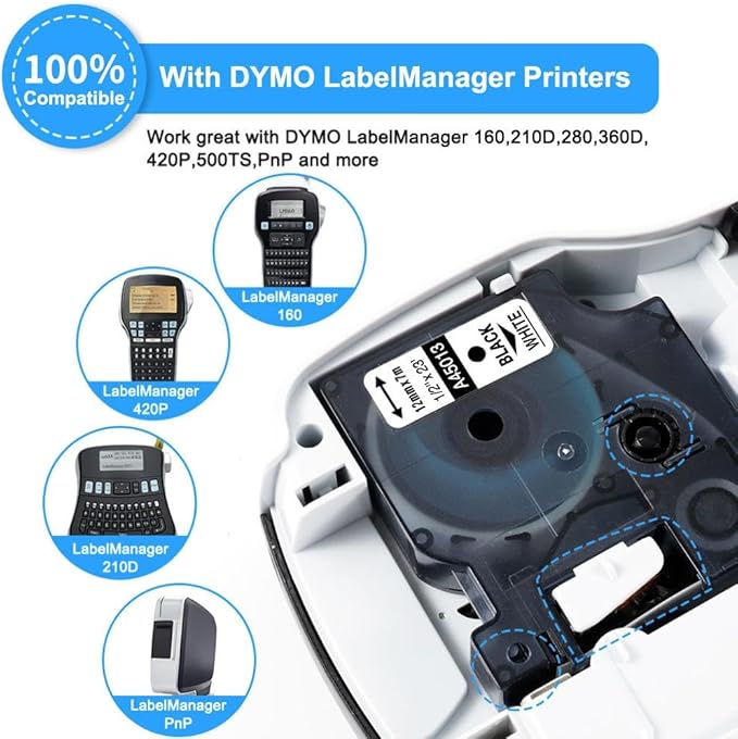 Freshworld 5-PK Replace for Dymo D1 Label Tape 1/2Inch 23Feet White Tape 45013 Compatible with Dymo Label Maker Refills D1 45013s S0720530 for DYMO LabelManager 160 210D 260P 280 360D 420P 500TS 640CB