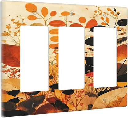 Light Switch Covers Boho Warm Colorful Plant Leaves 3 Gang Rocker Electrical GFCI Decorative Triple Outlet Wall Plate Cover Switchplate for Bedroom living Room Decor