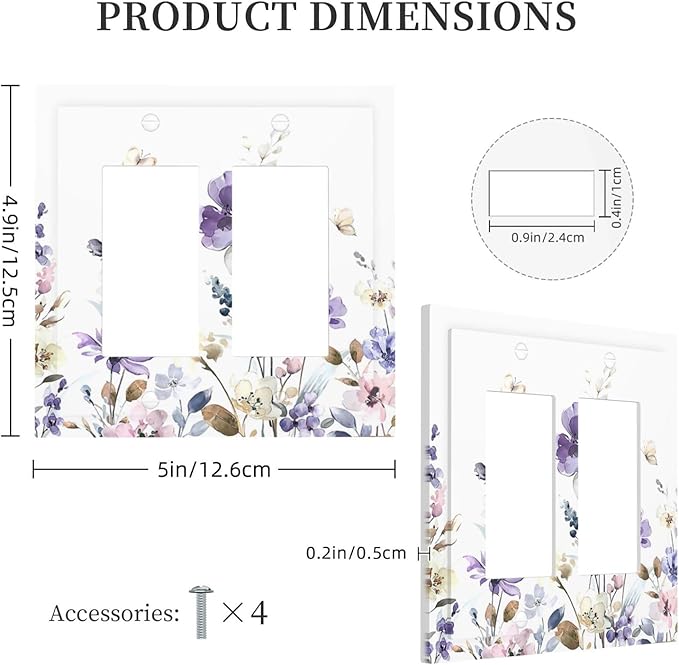 Decorative Outlet Covers Purple Floral Lilac Watercolor Flower Leaves Butterfly Wildflower 2 Gang Double GFCI Rocker Electrical Wall Panels Light Switch Cover Plate for Bedroom Home Decor