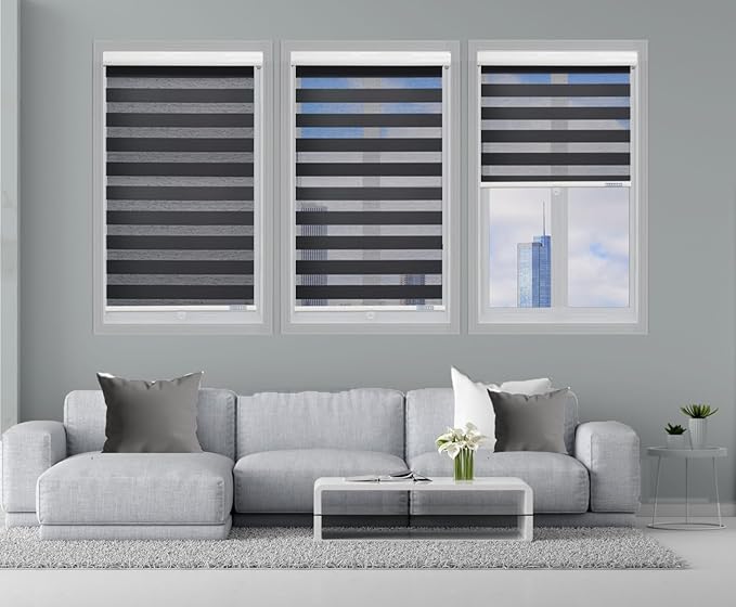 ShadesU Cordless Zebra Blinds – Light Filtering Dual-Layer Window Shades for Privacy (Black Color) (Maximum Height 72") (Width 25.5")