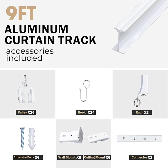 Aluminum Ceiling Curtain Track Set with Hooks Ceiling Mount and Wall Mount Room Divider Sliding Curtain Tracks Rods Flexible Heavy Duty Curtain Rail Hook Sets,White,9FT