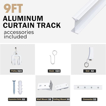 Aluminum Ceiling Curtain Track Set with Hooks Ceiling Mount and Wall Mount Room Divider Sliding Curtain Tracks Rods Flexible Heavy Duty Curtain Rail Hook Sets,White,9FT