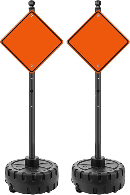 Portable Sign Post and Base Kit, 5 ft Heavy Duty Cast Iron Sign Pole with Hard Plastic Wheeled Base, Movable Signs Stand Easy to Use Portable Sign Holder for Traffic, Parking, and Safety Signs 2 Pack