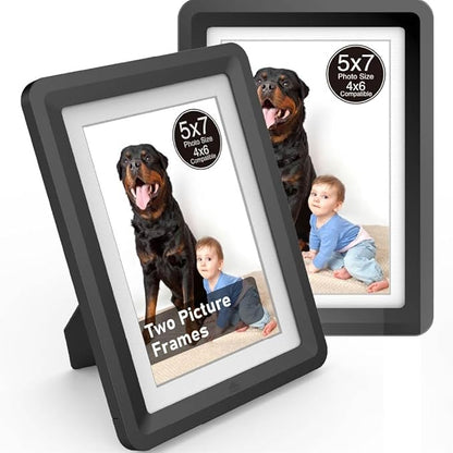 Black 5x7 Picture Frame with Acrylic Front 2 Pack, ABS Frame for 5x7 or 4x7 Photos, Shatterproof UV-Resistant Tabletop Photo Frame, Vertical/Horizontal Display for Home Décor