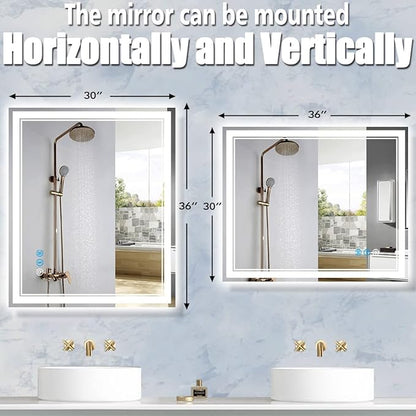 36 x 30 Inch LED Bathroom Mirror with Lights 3 Color Adjustable Brightness Frontlit Anti-Fog 36" Lighted Vanity Mirror for Bathroom Wall Horizontal/Vertical Mounted 36 Smart Light up Mirrors