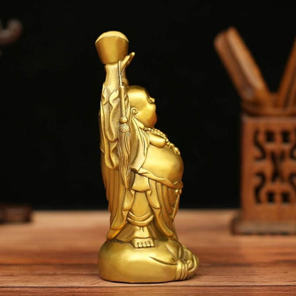 BRASSTAR Brass Laughing Buddha Holding Ingot Money Bag Statue Attract Wealth Feng Shui Ornament Home Office Decorative PTZY053