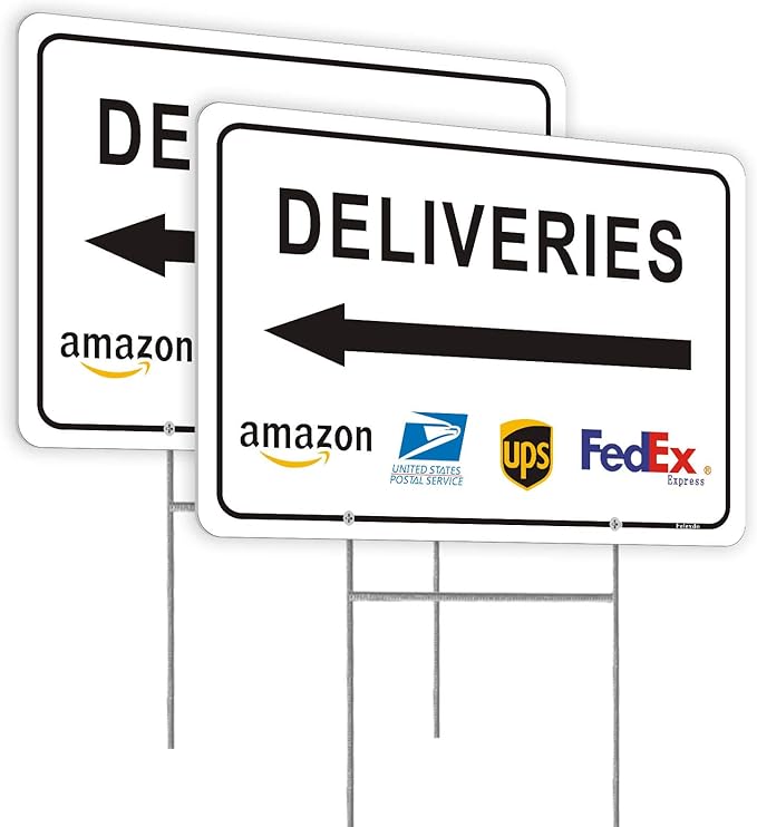 Deliveries Sign with Stake 12”x8” Delivery Sign with Arrow Left Aluminum Metal Delivery Instruction for Packages Easy Installation for Home