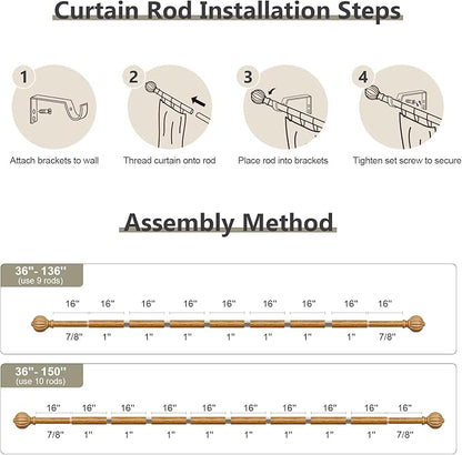 Wood Curtain Rods for Windows 72 to 144 Inch, 1'' Adjustable Heavy Duty Curtain Rod，Vintage Imitation Wood Grain Decorative Drapery Rods with Pumpkin Finials for Bedroom Living Room