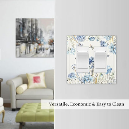 Decorative Outlet Covers Blue Floral Hydrangea Plants 2 Gang Double GFCI Rocker Electrical Wall Panels Light Switch Cover Plate for Bedroom Home Decor