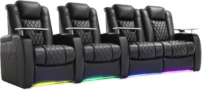 Weilianda Home Theater Seating Top Grain Leather Zero Gravity Recliner Chair Power Headrest Recline Movie Seat Gaming 7 Colors Mood Light Sofa with Tray Table USB Charge Row of 4 Loveseat Right Black