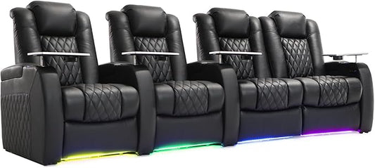 Weilianda Home Theater Seating Top Grain Leather Zero Gravity Recliner Chair Power Headrest Recline Movie Seat Gaming 7 Colors Mood Light Sofa with Tray Table USB Charge Row of 4 Loveseat Right Black