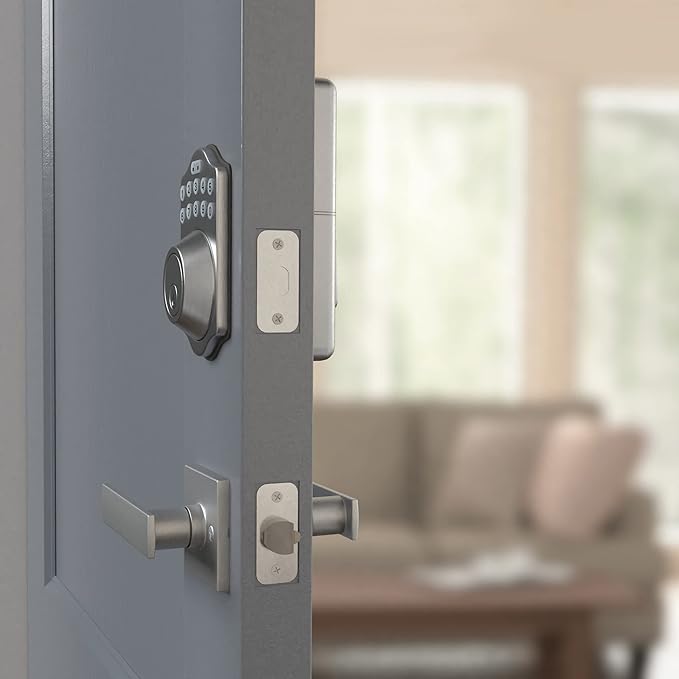 Amazon Basics Traditional Electronic Keypad, Keyless Entry Door Lock Deadbolt with Handle Set, Key Pad Front Door with Knob, Traditional Door Locks for Front Door, Door Handle, Satin Nickel, 1-Pack