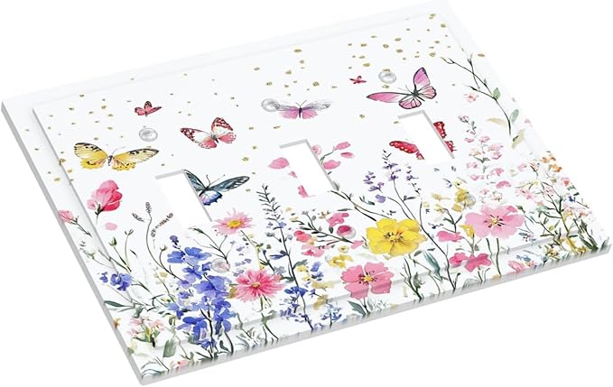 Decorative Switch Plates Watercolor Floral Butterfly Colorful Wildflower 3 Gang Wall Plate Triple Toggle Light Switch Cover Faceplate Electrical Wall Panels For Bed Room Living Room Decor