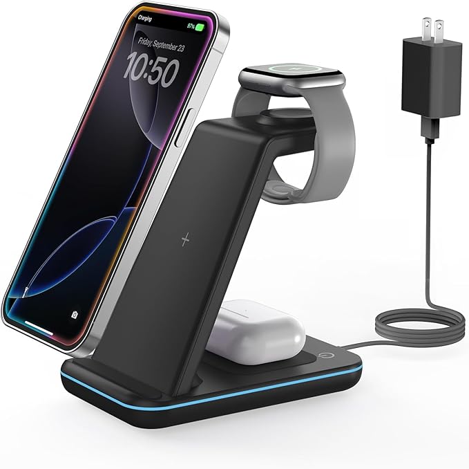 Wireless Charger for iPhone Charging Station: 3 in 1 Phone Charger Stand for iPhone 17/16/15/14/13/12/11/SE/X Pro Max Plus - Apple Watch 11/10/9/Ultra 2/8/SE/7/6/5 - AirPods 4/Pro 2/3