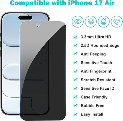 3+2Pack Privacy Screen Protector for iPhone 17 Air with Camera Lens Protector 9H+Tempered Full cover Glass Military Grade Shatterproof Anti Spy Auto Installation Frame