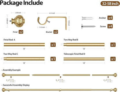 TONIAL Gold Curtain Rod 32 to 58 Inches, 7/8 Adjustable Curtain Rods for Windows 20 to 54 Inches, Splicing Drapery Rods Heavy duty with Netted Texture Finials