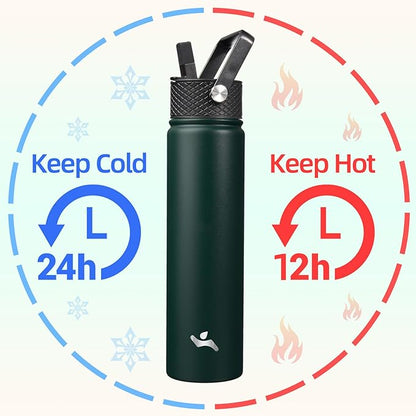 Insulated Water Bottle 24oz Stainless Steel Sport Bottles with 3 Lids,Army Green