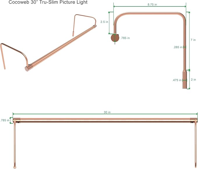 Cocoweb 30 Inch Tru-Slim Copper Picture Light - LED, 2700K, Adjustable Arm, Plug-in, Toggle Switch, Sleek and Compact Design