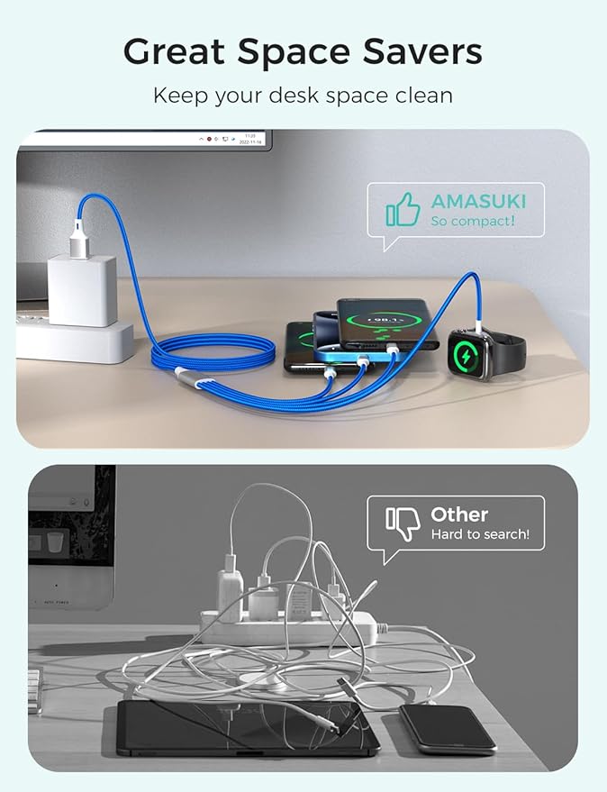 Travel Essentials,4 in 1 for Apple Watch Charger/iPhone Charger/Multi Charging Cable,Vacation RV Camping Essentials,USB C/L/Micro Portable Charger for iWatch 11-1/iPhone 17-12,Car&Gift-Blue