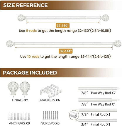 KAMANINA White Curtain Rods for Windows 72 to 144 Inches (6-12ft) Long Heavy Duty Curtain Rod, 7/8 Inch Adjustable Drapery Rods with Decorative Netted Texture Finials