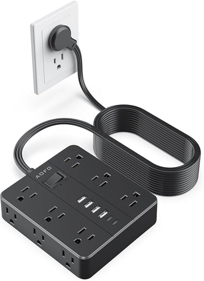 20FT Surge Protector Power Strip,12 AC Outlets with 6 USB Ports (2 USB-C), Flat Plug Extension Cord with Multiple Outlets, Wall Mount for Home Office,Dorm,Black