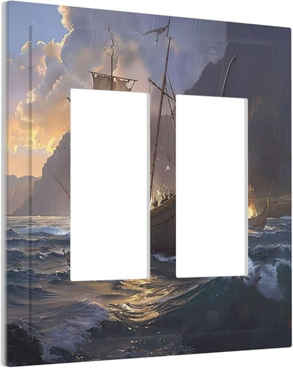 Decorative Outlet Covers Medieval Vintage Sailing Adventure Sailings Ocean Waves 2 Gang Double Rocker Light Switch Cover Plate Electrical Switch Plate Cover Decorate GFCI Wall Plate for Bedroom Cabin