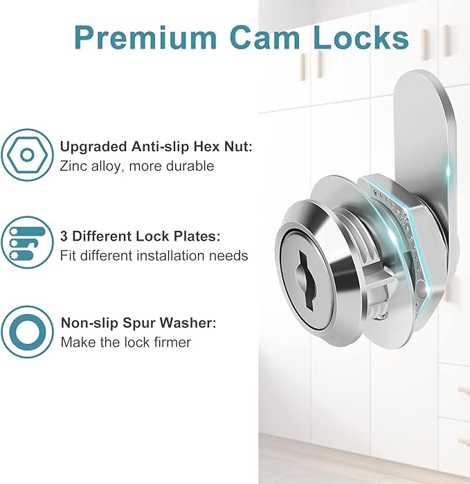 Cam Locks Cabinet Lock Keyed Alike, 5/8'' (Length) Cylinder Fits on 3/8'' Max Panel Thickness, Secure File Drawer Mailbox RV Storage Replacement Set, Chrome-Finish Zinc Alloy (5/8 Inch 6Pcs)