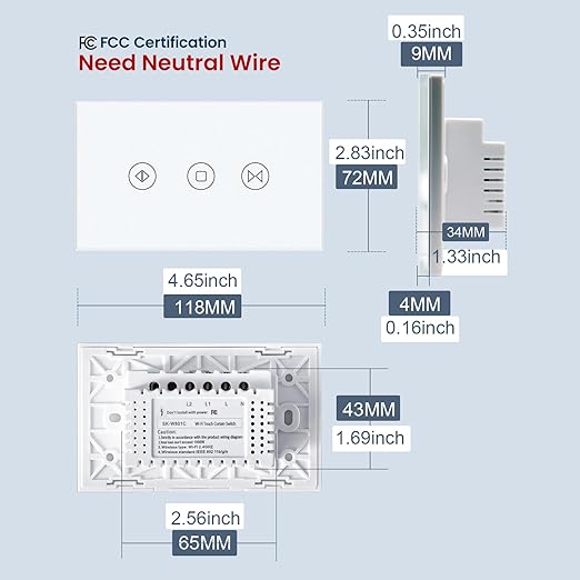 Smart Curtain Switch 118X72X34MM Neutral Wire Required, 2.4GHz WiFi,Tempered Glass Panel, Multi-Control Way Work with Alexa and Smart Life, White WiFi Curtain