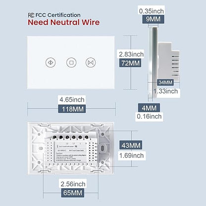 Smart Curtain Switch 118X72X34MM Neutral Wire Required, 2.4GHz WiFi,Tempered Glass Panel, Multi-Control Way Work with Alexa and Smart Life, White WiFi Curtain