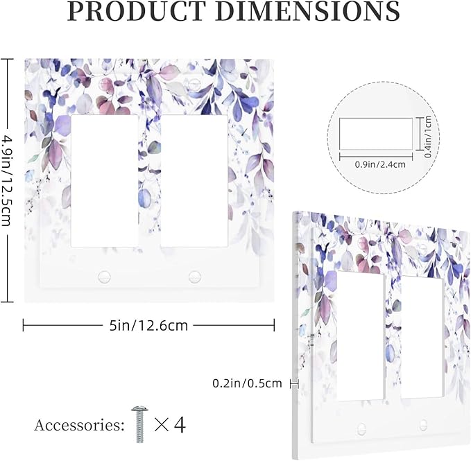 Purple Eucalyptus Watercolor Floral Rustic Leaf Decorative Outlet Covers 2 Gang Double GFCI Rocker Electrical Wall Panels Light Switch Cover Plate for Farmhouse Home Decor
