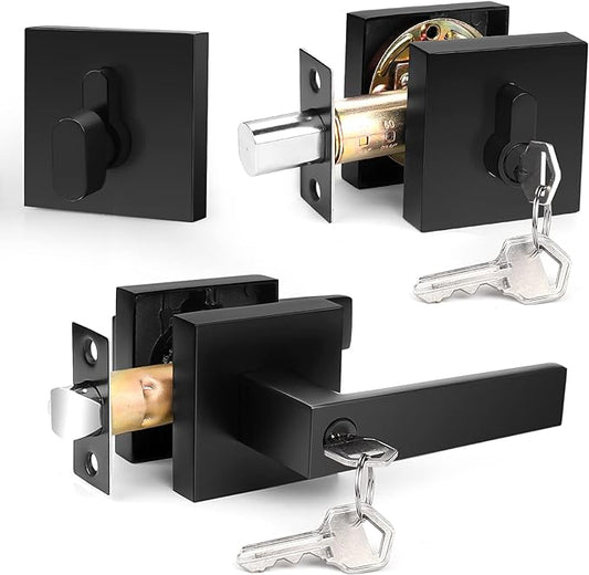 Probrico Flat Black Entry Levers Lock Sets and Single Cylinder Deadbolts Keyed Alike Combination Set, Heavy Duty Square Entry Door Locksets Front Door Bedroom Entrance Handles, 1 Pack(All Same Keys)
