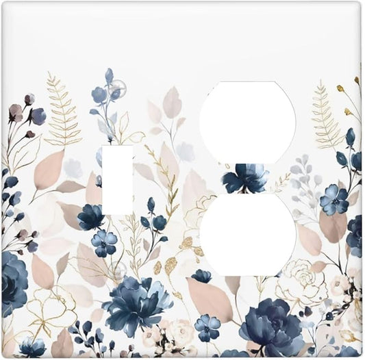 Blue Flora Boho Vintage Flower Golden Leaves Wallplates 1 Toggle 1 Duplex Switch Plate Electrical GFCI Faceplate Decorative Light Switch Covers for Bedroom Living Room Decor
