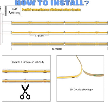dephen UL-Listed COB LED Strip 16.4ft, 4000K Daylight Rope Lights 528LEDs/M, DC24V 5500Lm Flexiable and Cuttable Tape Lingting for Bedroom, Cabinet, Kitchen, Office, DIY