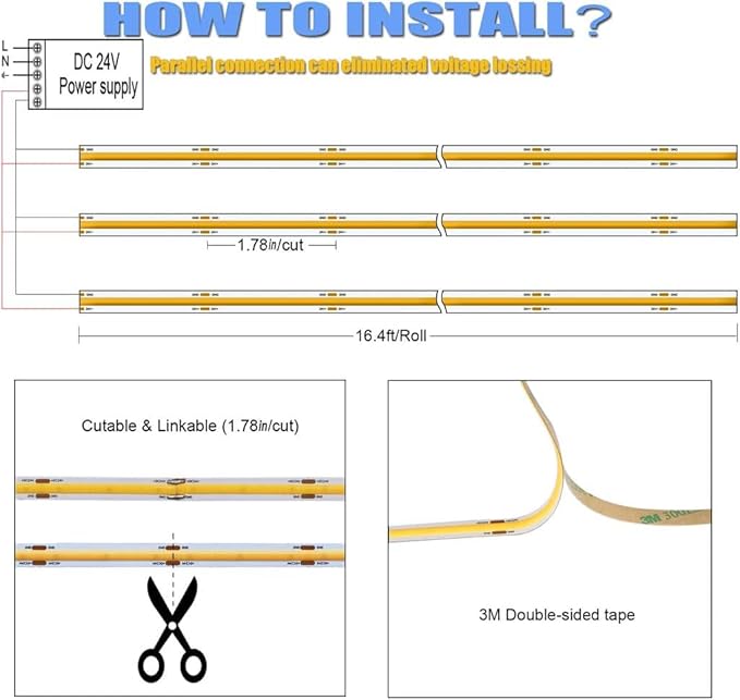 dephen UL-Listed COB LED Strip 16.4ft, Warm White Rope Lights 528LEDs/M, DC24V 5500Lm Flexiable and Cuttable Tape Lingting for Bedroom, Cabinet, Kitchen, Office, DIY