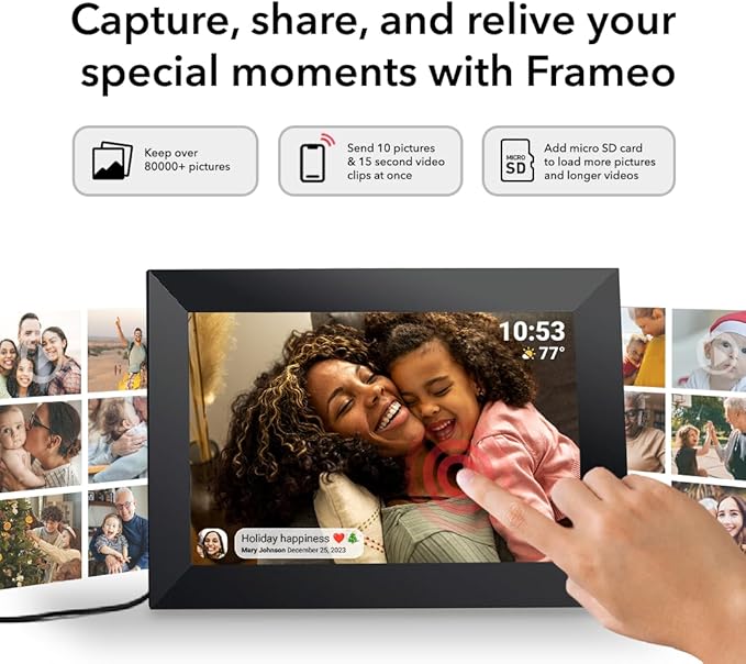 Frameo 10.1 Inch WiFi Digital Picture Frame with 32GB Storage,1280 * 800P IPS HD Touch Screen,Send Photos/Videos from Your Phone Anywhere, Photo Gifts for Parents and Grandparents