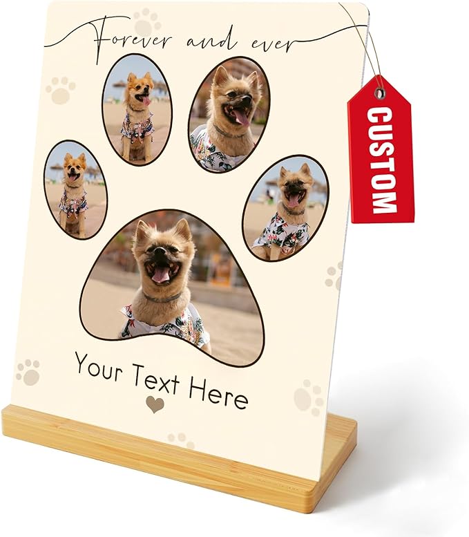 Custom Photo Prints - Metal Desktop Picture Frame with Photos & Text & Wooden Base Personalized Gifts for Cats Dogs and Pets, Optional Multiple Sizes