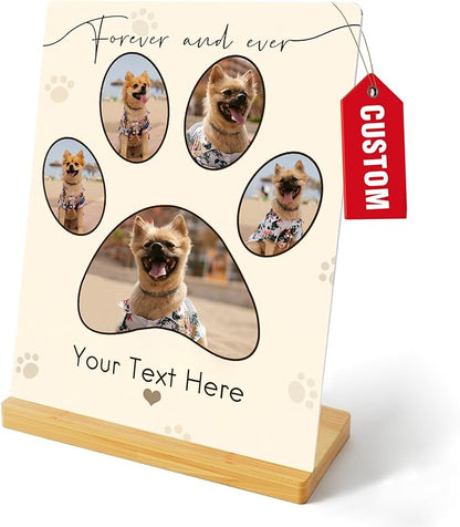 Custom Photo Prints - Metal Desktop Picture Frame with Photos & Text & Wooden Base Personalized Gifts for Cats Dogs and Pets, Optional Multiple Sizes